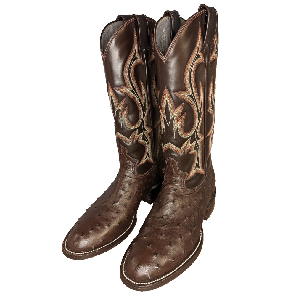 Men’s Full Quill Ostrich Cowboy Boots Brown Leather Western Handmade US 9.5 D